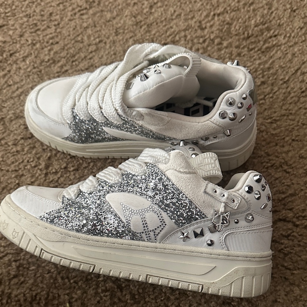 White and Silver Glitter Sneakers with Studs